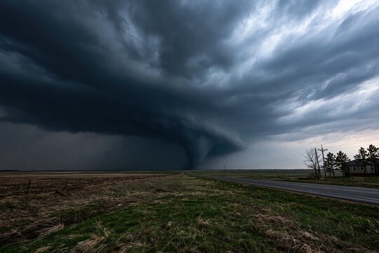 Rotating supercell storm forming funnel cloud over vast plain
