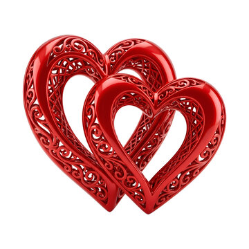 Two interlocking red glittery hearts icon isolated on white background