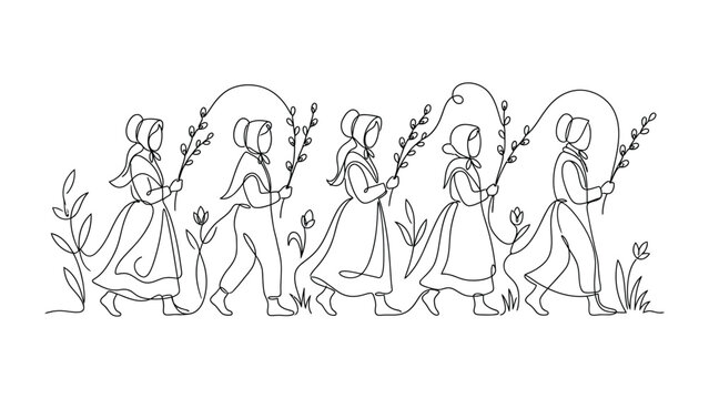 Continuous line art illustration of a group of peasant women walking in a procession