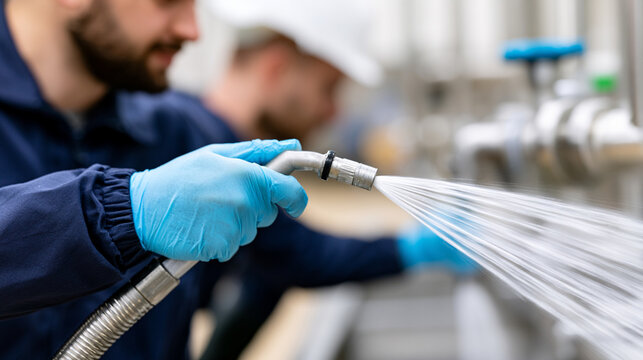 Industrial Sanitation Technician Cleaning Food Processing Facility with Reclaimed Water