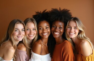 Obraz premium Group of diverse young women posing together on brown background. Caucasian, african female friends smile at camera. Multicultural people represent unity beauty diversity, friendship. Happy ladies