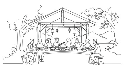 Obraz premium Continuous line drawing of a group of friends having a dinner party in a wooden gazebo
