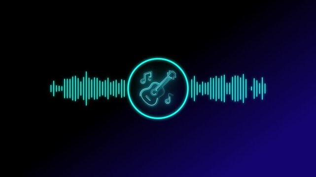 Cyan neon guitar inside a circle with horizontal audio frequency waveform bars on a dark blue and black gradient background for music concepts
