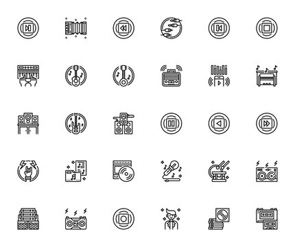 Music icon set. Minimal line vector icons pack. Featuring next, accordion, rewind, guitar, piano, microphone, drums, DJ, amplifier, record, singer, album, vinyl, boombox, walkman and more. Editable st