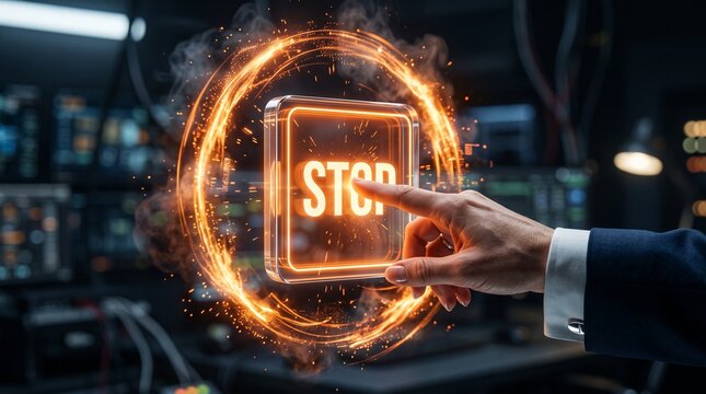 Hand pressing glowing stop button in futuristic control room