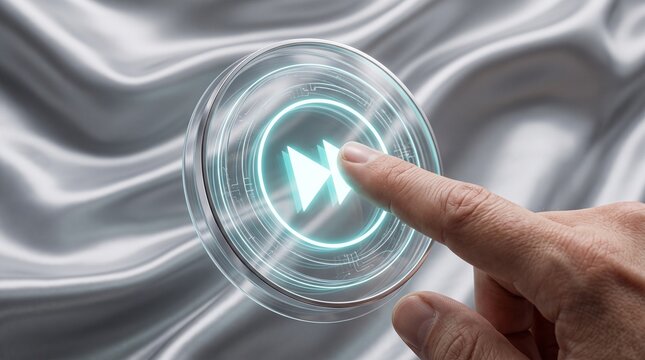 Hand pressing glowing fast forward button on futuristic interface