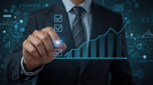 Businessman checking off tasks on digital interface. Professional managing project progress.