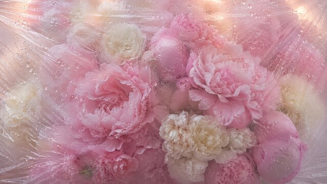 Blush peonies and ivory flowers soften beneath wet plastic in an artistic floral slow life scene with gentle dopamine colors, forming a coquette cottagecore background for bridal and beauty design.