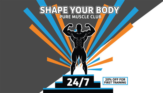 Fitness gym promotional banner featuring strong bodybuilder silhouette with orange and blue burst background design.
