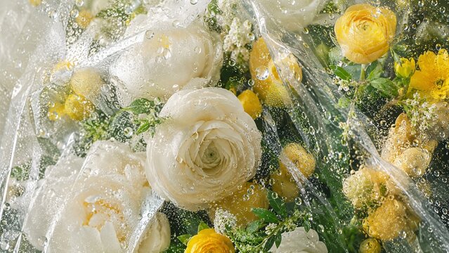 White and yellow ranunculus shimmer beneath wet plastic in an artistic floral slow life scene with fresh dopamine colors, creating a cottagecore background for spring branding and interior decor.