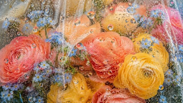 Dopamine background featuring orange and yellow ranunculus with blue forget-me-nots through wet film with dopamine colors, forming a cottagecore background for vibrant lifestyle design