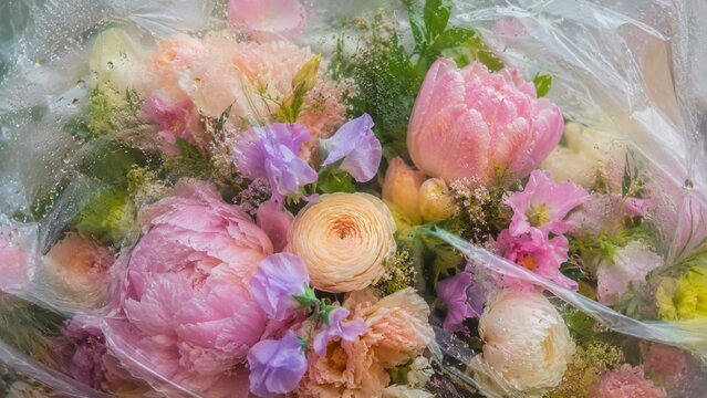 Pink peonies, tulips and ranunculus glow beneath wet plastic in an artistic floral slow life scene with pastel dopamine colors, creating a cottagecore background for romantic branding and design.