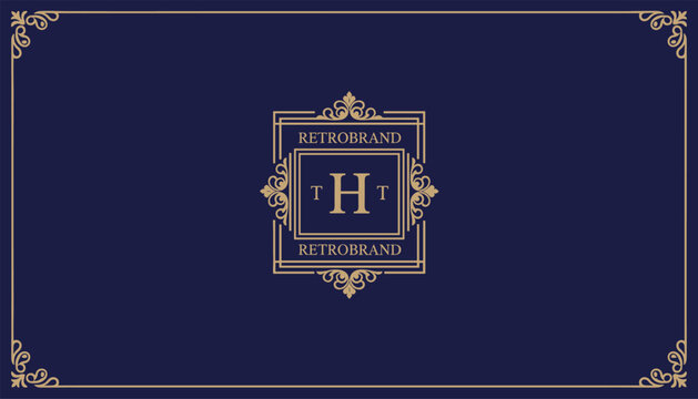 Luxury retro brand logo design featuring elegant golden frame and monogram on dark blue background with ornate border.