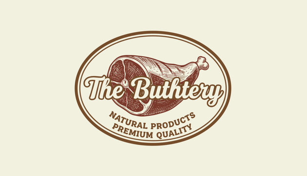 Vintage butchery logo design featuring hand drawn ham illustration and premium quality text on a beige background.