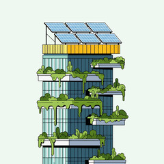 Sustainable Eco-Friendly Skyscraper Illustration with Solar Panels and Vertical Gardens © fiqri