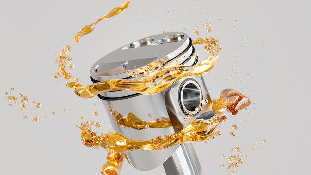 Motor oil splash around engine piston, 3D illustration of lubricant swirl on car engine part, automotive maintenance concept, golden liquid motion, copy space