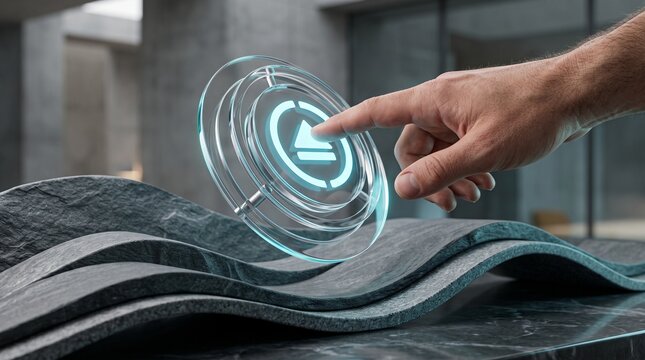Hand touching a play button on a futuristic interface