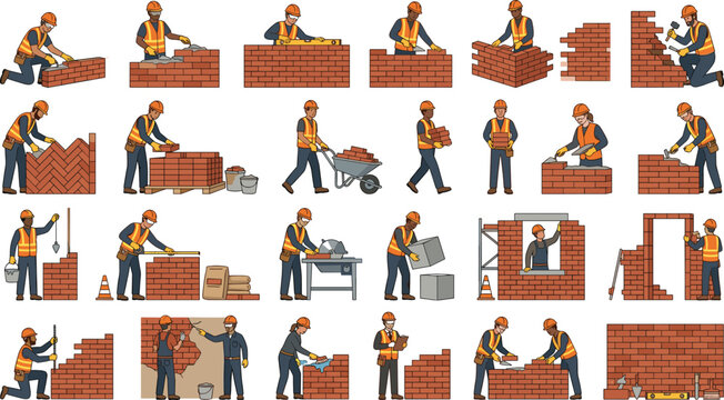 Construction Mason Worker Activity Collection Featuring Bricklaying, Wall Building, Masonry Tools, and Professional Builder Workflow Vector Illustration Set