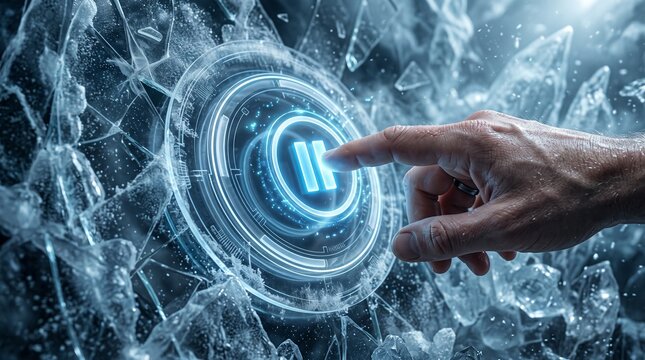 Hand pressing a glowing pause button on a shattered ice background