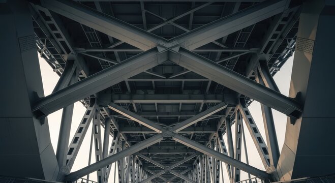 Industrial steel bridge structure with geometric patterns viewed from below