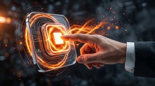 Finger pressing a glowing orange stop button hologram with energy effects