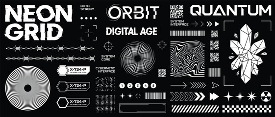 Neon grid orbit quantum vector set with digital age cybernetic interface icons black white futuristic streetwear graphic t-shirt poster sticker print template © Ahmed