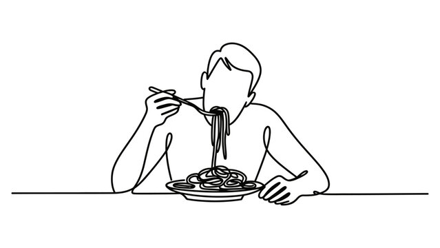 Continuous single line drawing of a man eating spaghetti with a fork from a plate sitting at a table isolated on white background isolated on white background, Vector, illustration