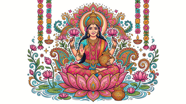 Goddess lakshmi sitting on lotus flower decorative illustration with religious spiritual tradition prosperity illustration decorative religion auspicious