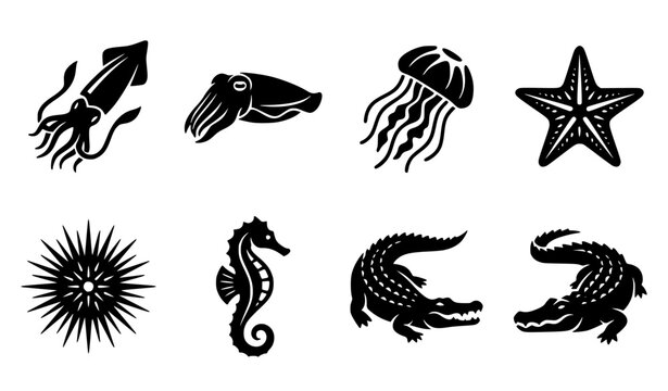 Marine sea creatures and crocodile reptiles black silhouette vector icon set isolated on plain white background