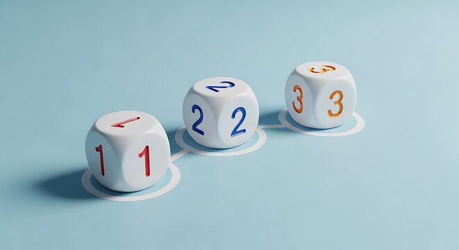 Three dice with different numbers arranged on a linked path, on a light blue surface