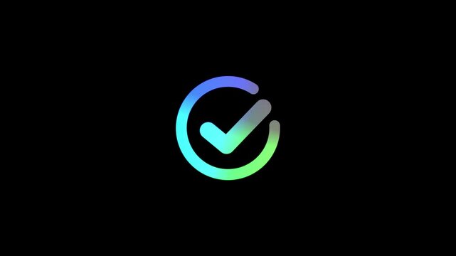 Black circle expanding into check mark symbol.Motion graphic of concept black background.Check mark button neon success, approved.