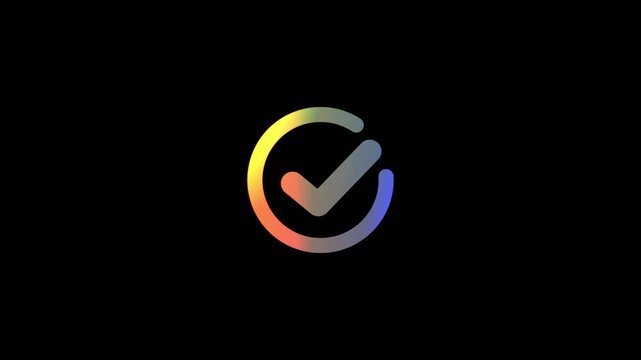 Black circle expanding into check mark symbol.Motion graphic of concept black background.Check mark button neon success, approved.