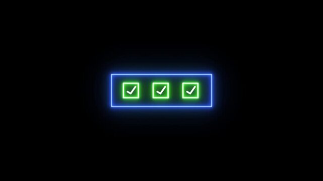Neon light step process with check mark icon animation.Step process success with check marks. Step-by-step guide.