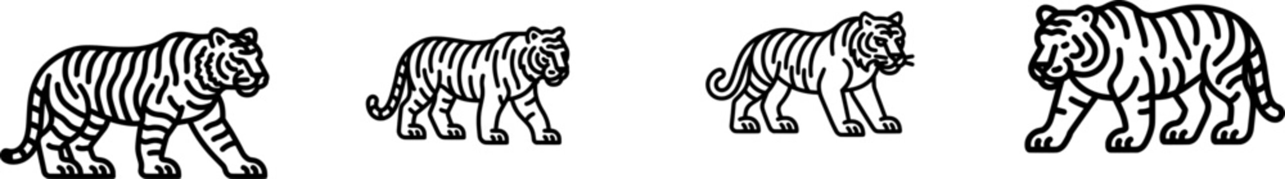 A minimalist black-and-white illustration of a striped tiger in a walking pose against a pure white background