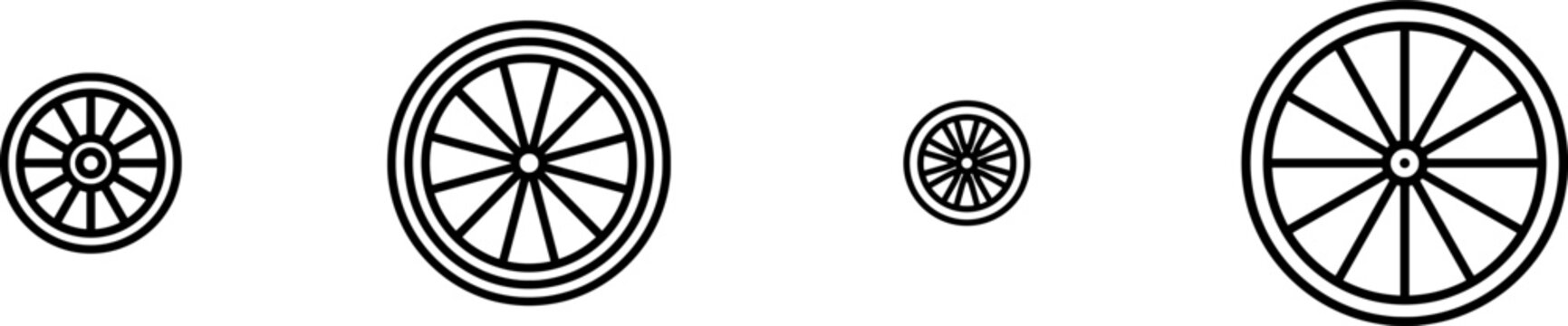A minimalist black-and-white icon of an old-fashioned wagon wheel with eight spokes against a stark white background
