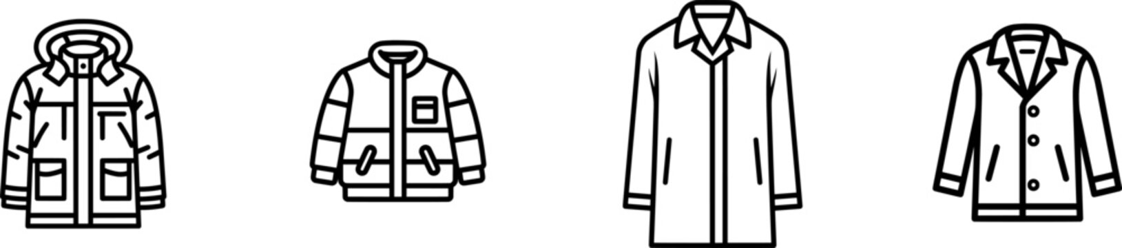 A minimalist black outline icon of a winter coat with thick uniform lines, set against a pure white background, exudes minimalistic elegance in its flat vector style