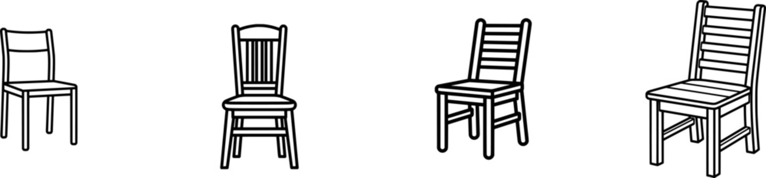 A minimalist black outline icon of a wooden chair with uniform lines is isolated against a pure white background in a flat vector design