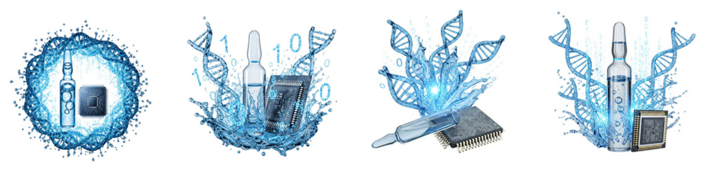 DNA sequence with medical ampoule and computer chip in digital splash
