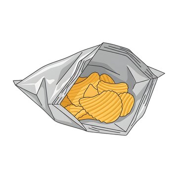 Vector illustration of an open foil snack bag filled with crispy ruffled potato chips on a white background.