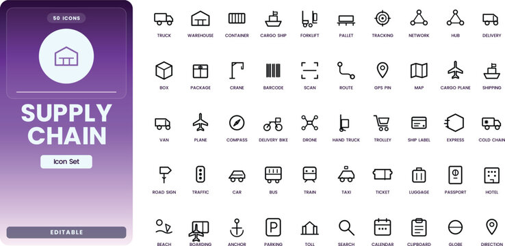 Supply Chain icon set. Contain icons related to logistics, warehouse, distribution, shipping, inventory, transport, delivery, and more. Editable stroke. Vector illustration
