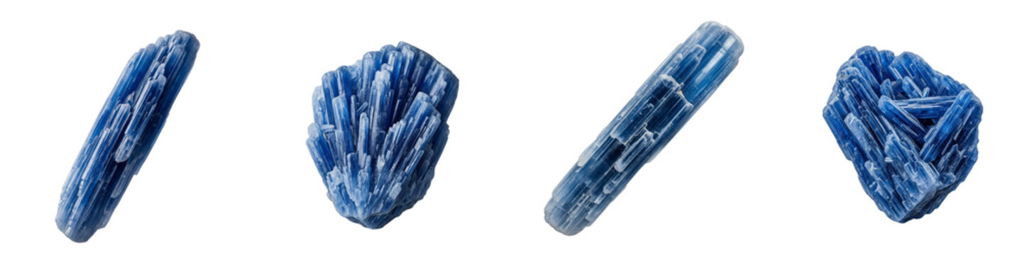 Four blue kyanite crystal specimens isolated on a black background