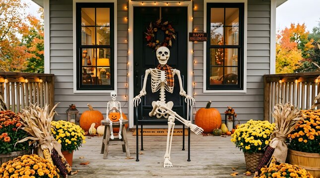 Festive happy halloween porch decor with skeletons pumpkins and autumn foliage