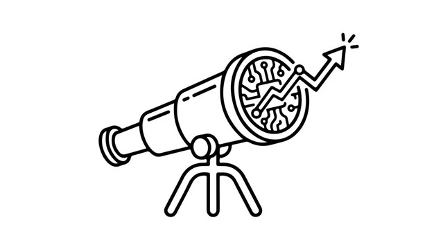 Minimalist line-art telescope with constellation star chart pointing upward against a neutral background.