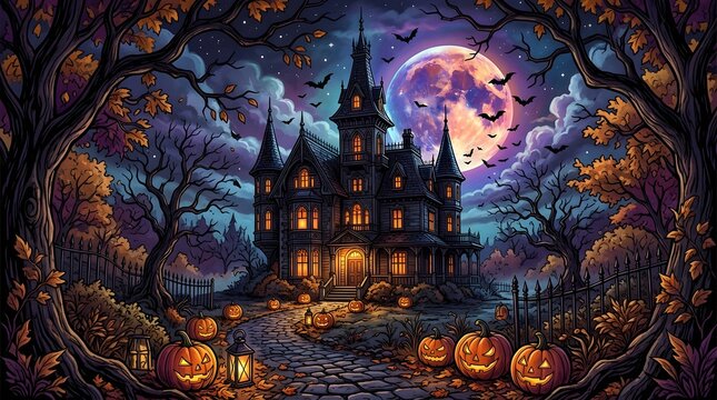 Happy halloween spooky haunted mansion with jack o' lanterns under a full moon