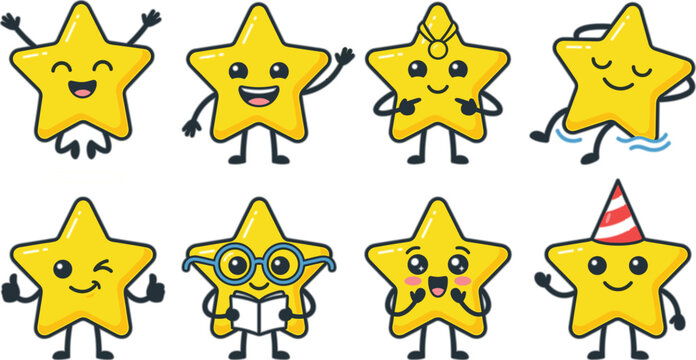 Cute Kawaii Star Character Sticker Set with Smiling Faces Wearing Glasses Birthday Hat and Reading Book Vector Elements for Kids Designs