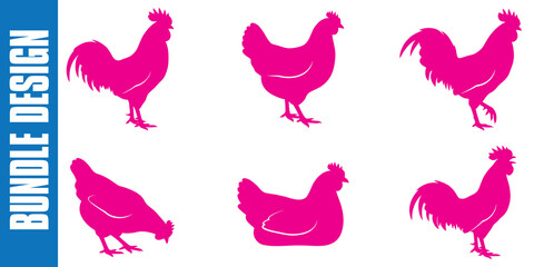 Rooster And Hen Silhouette Vector Bundle Chicken Poultry Farm Animal Pink Shapes © Rokibul