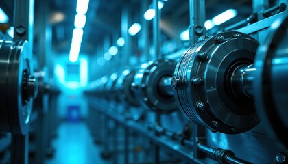 Fototapeta premium Automated production line in industrial facility features precision metal parts aligned inside manufacturing plant. Advanced mechanical assembly equipment works with high efficiency under cool blue