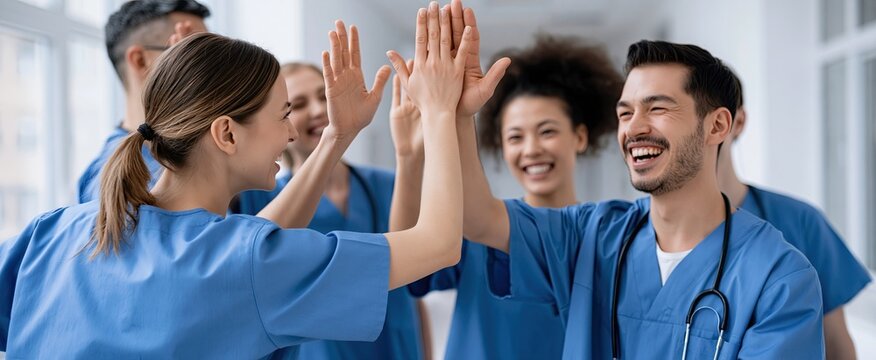 In a well-lit hospital corridor, a diverse group of healthcare professionals celebrate with a collective high-five, showcasing unity and success.