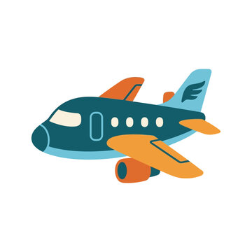 Cute cartoon airplane flying isolated on white background, vector illustration