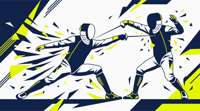 Professional Fencing Athlete Performing a Deep Forward Lunge Attack with a Foil Sword, Detailed Vector Illustration of a Competitive Fencer in Traditional White Protective Gear